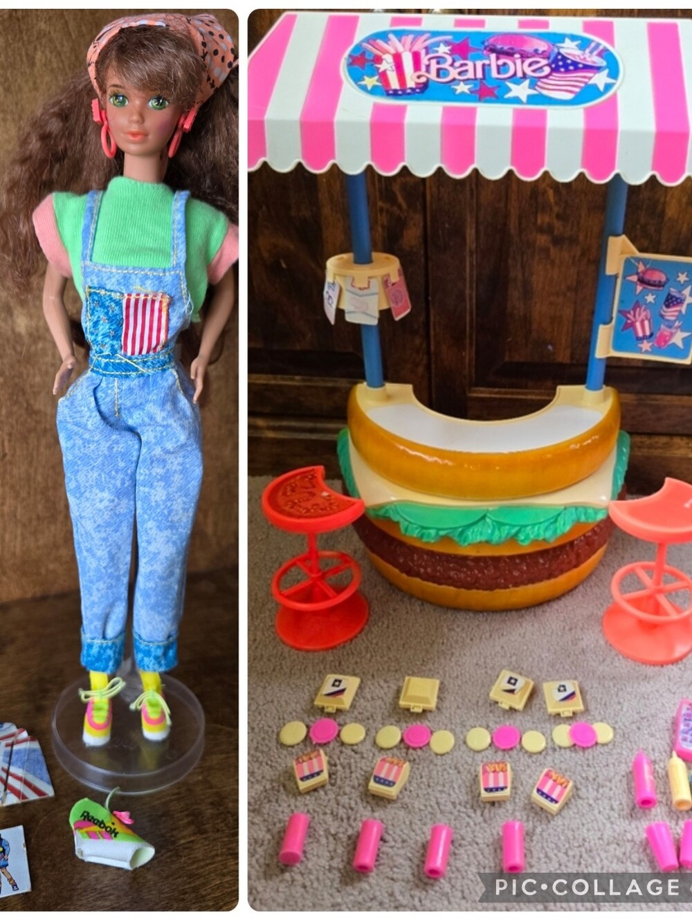 Lot of Vintage 1990 Mattel All American Barbie Hamburger Stand + Teresa Doll